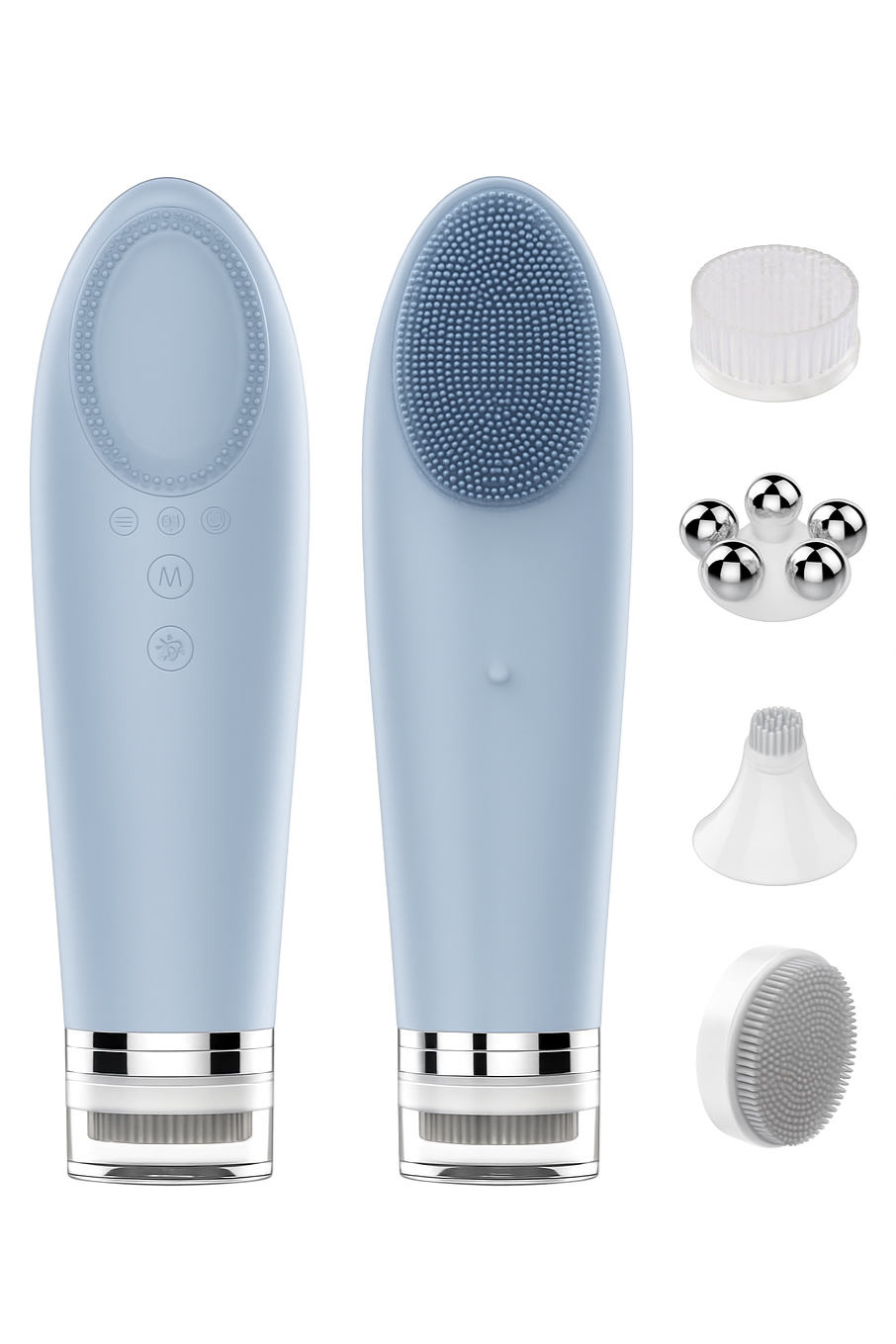 Blue electronic device with attachments on a white background