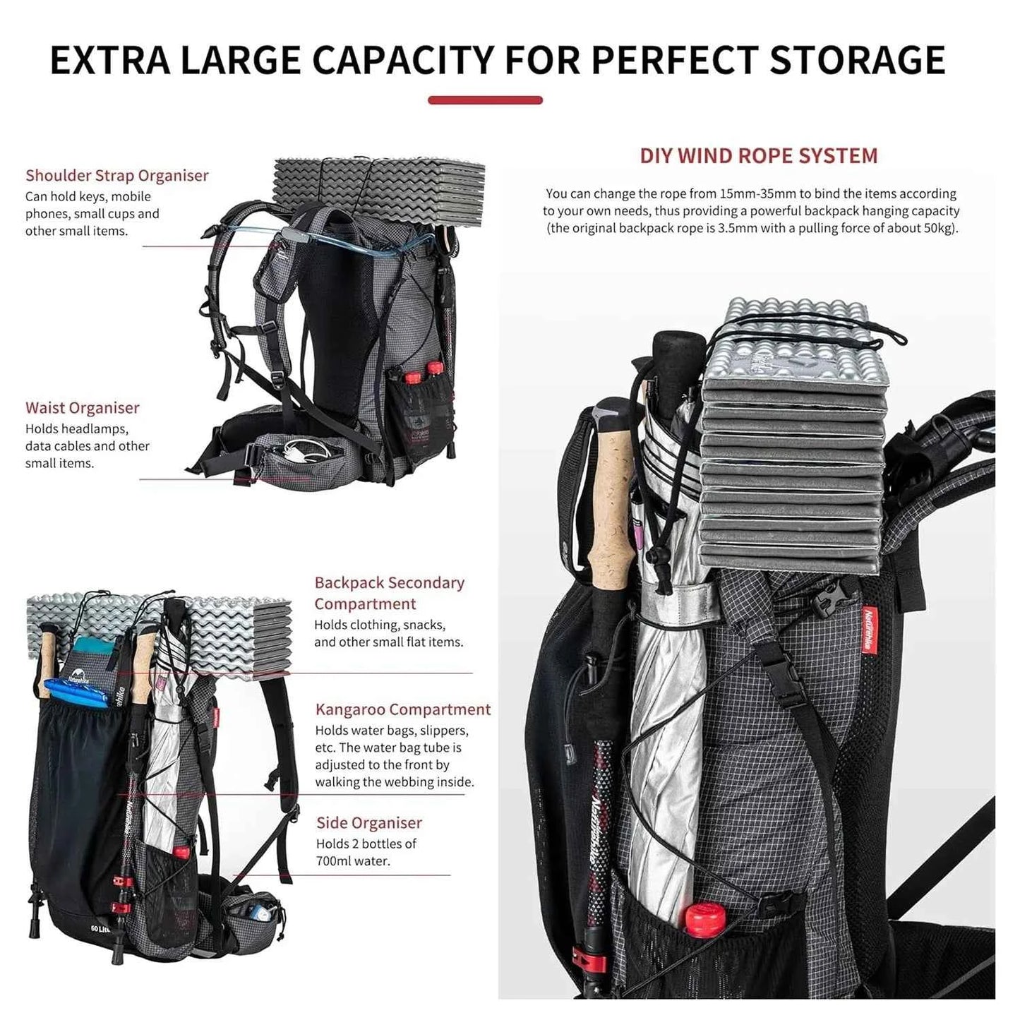 Naturehike Waterproof Mountain Backpack With Rain Cover For Hiking